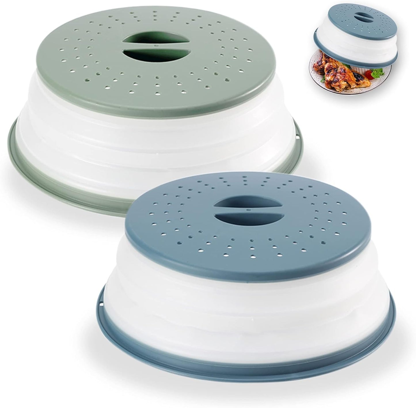 2-Pack Multicolor Foldable Microwave Oven Plate Cover for Food, Vented Collapsible Splatter Proof Guard, Microwave Splatter Cover, Bpa-Free Silicone & Plastic and Dishwasher Safe (Blue and Green)