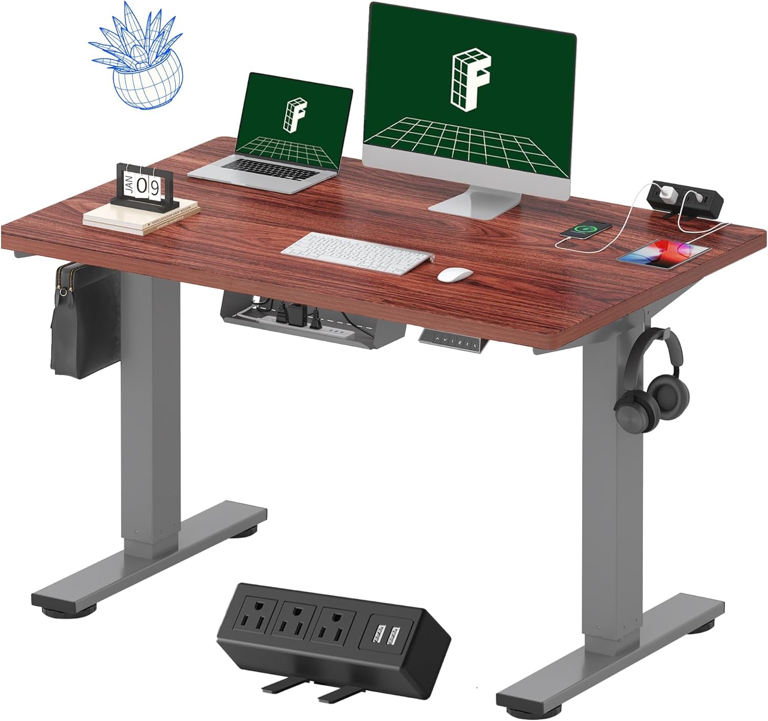 FLEXISPOT EN2 Whole-Piece Standing Desk with Clamp Power Strip, 48 X 30'' Height Adjustable Electric Stand up Desk with Cable Management (Gray Frame + Mahogany Top, 2 Packages)